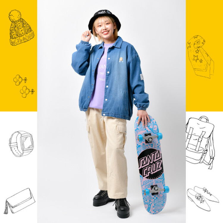 DC ジャケット / VANS トレーナー / SANTACRUZ ロンパン / FILA スニーカー / NEWERA × X -girl 帽子 / SANTACRUZ スケート